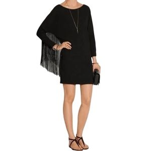 Maje Solid Black Rodeo Fringed Crepe Long Sleeve Dress Size S Dolman Sleeve